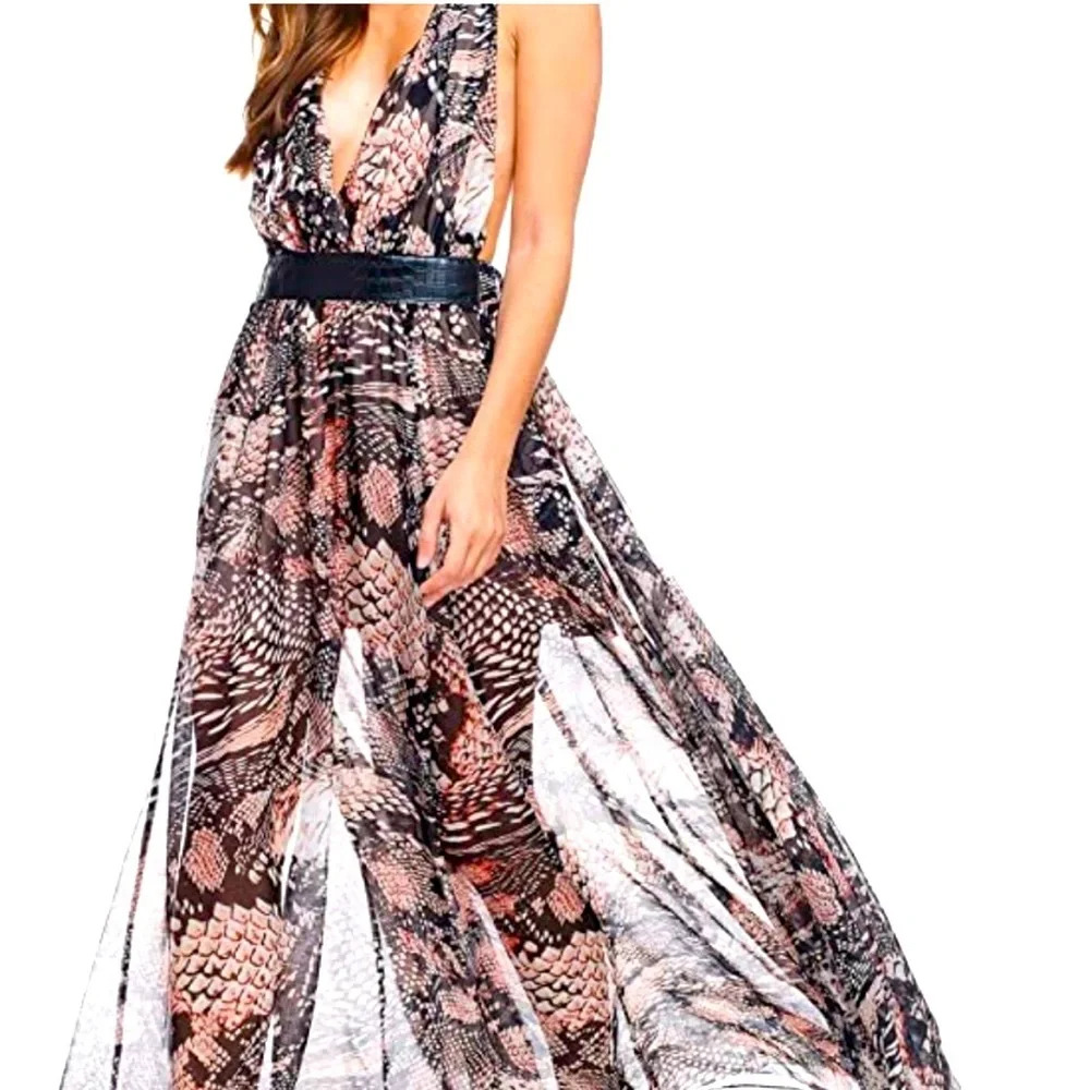 TOV Holy Brown and Cream Maxi Dress Sleeveless Plunge Sundress
